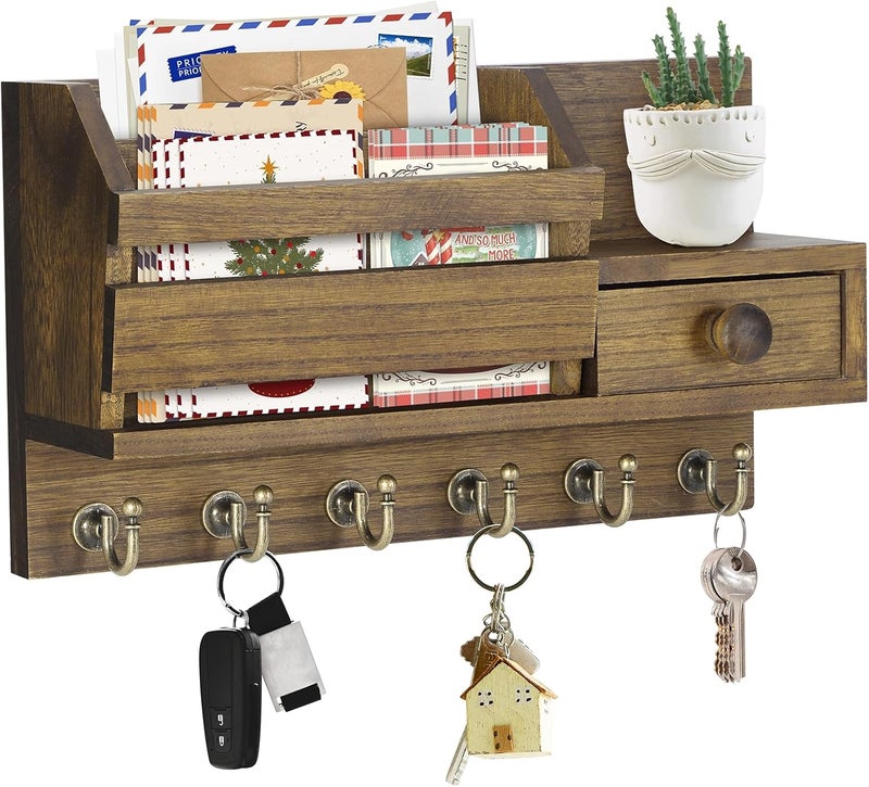 VIS'V Key Holder Wall Mount, Wooden Mail and Key Organizer with Drawer and Shelf, 2 Slots, 6 Hooks, Brown - Image 1